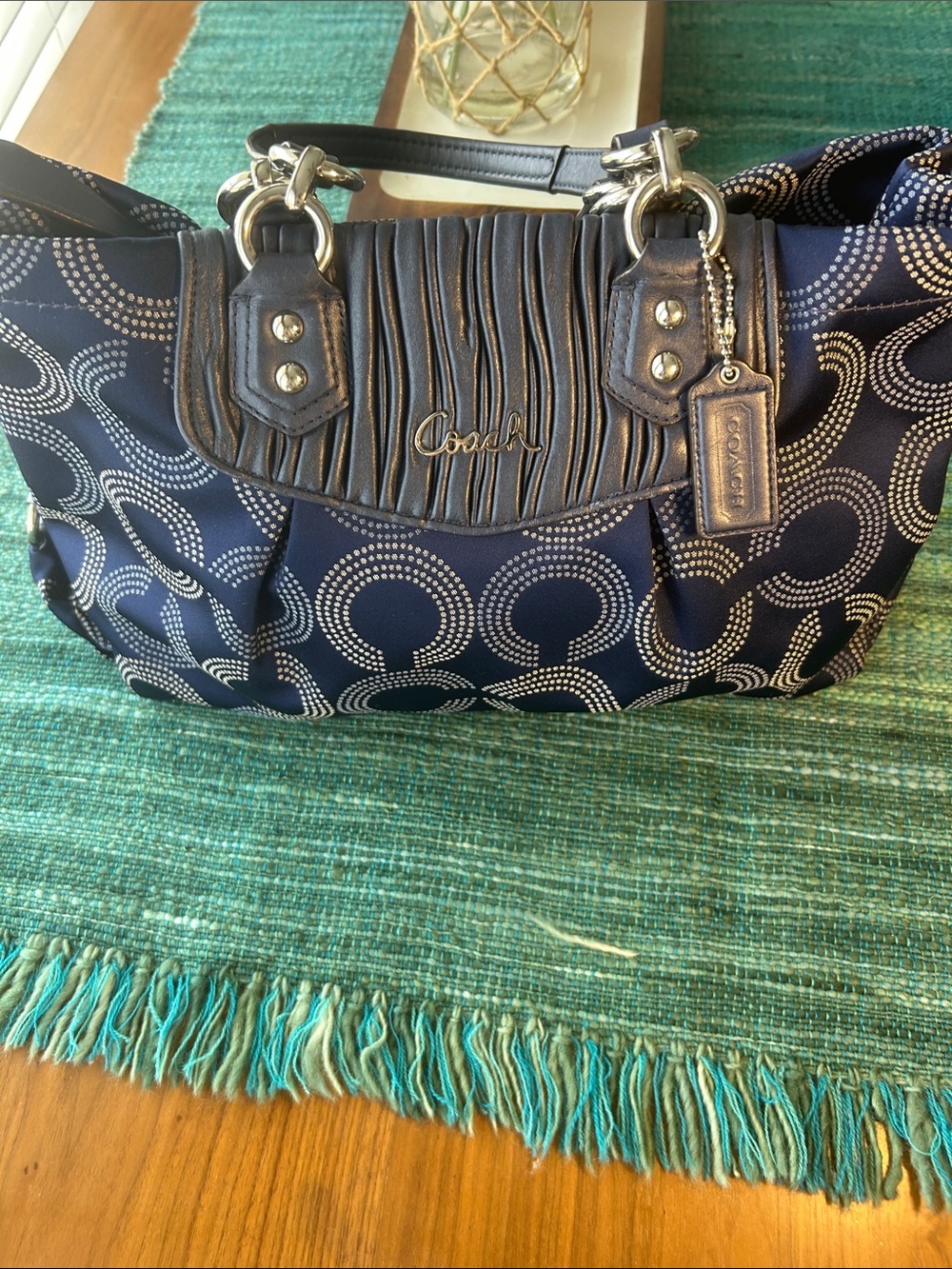 Coach Blue and Silver Ashley Dotted Op Art Signature Satchel